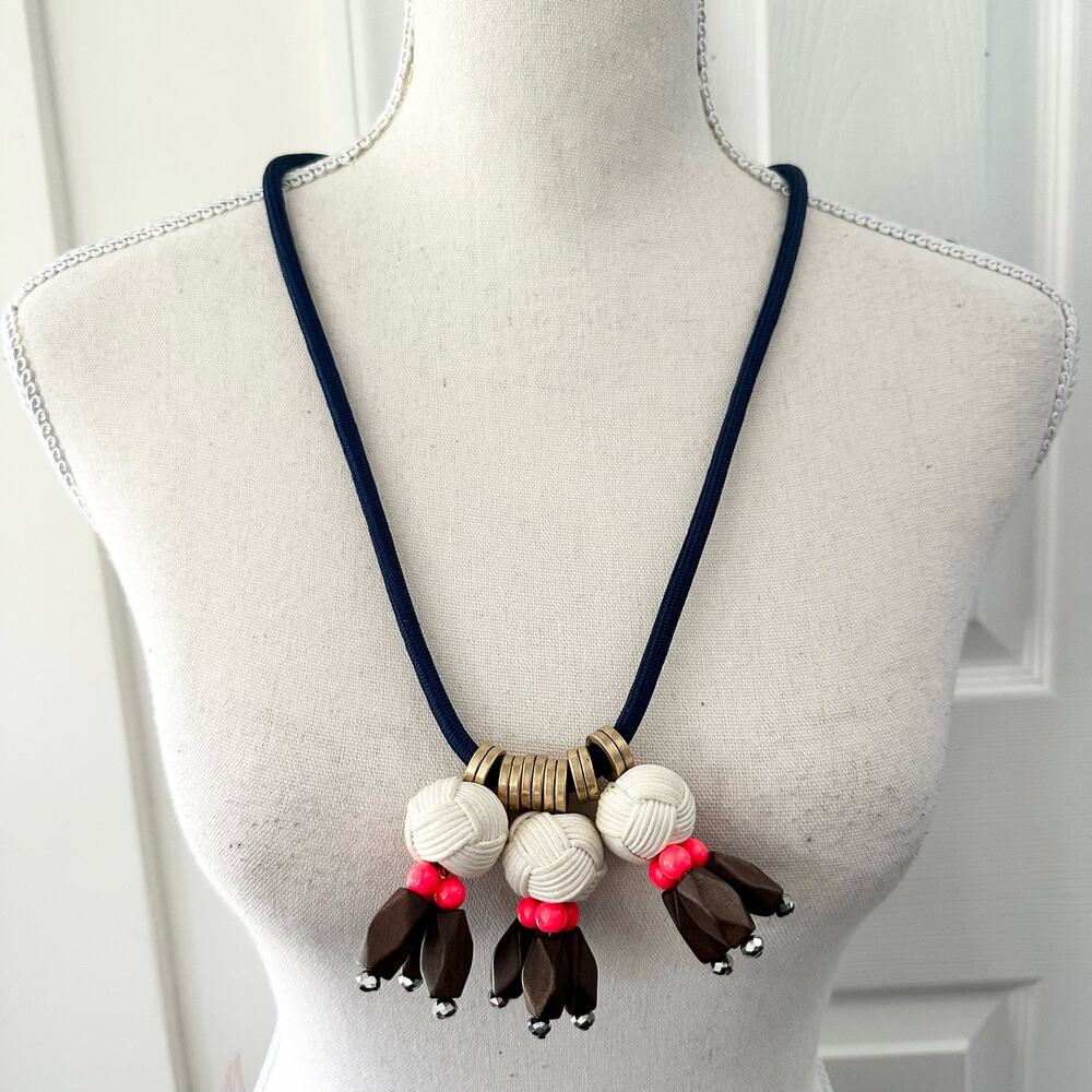 JCrew Nautical Long Cording Rope Ball Wooden Bead Statement Beach Boho Necklace - Picture 6 of 6
